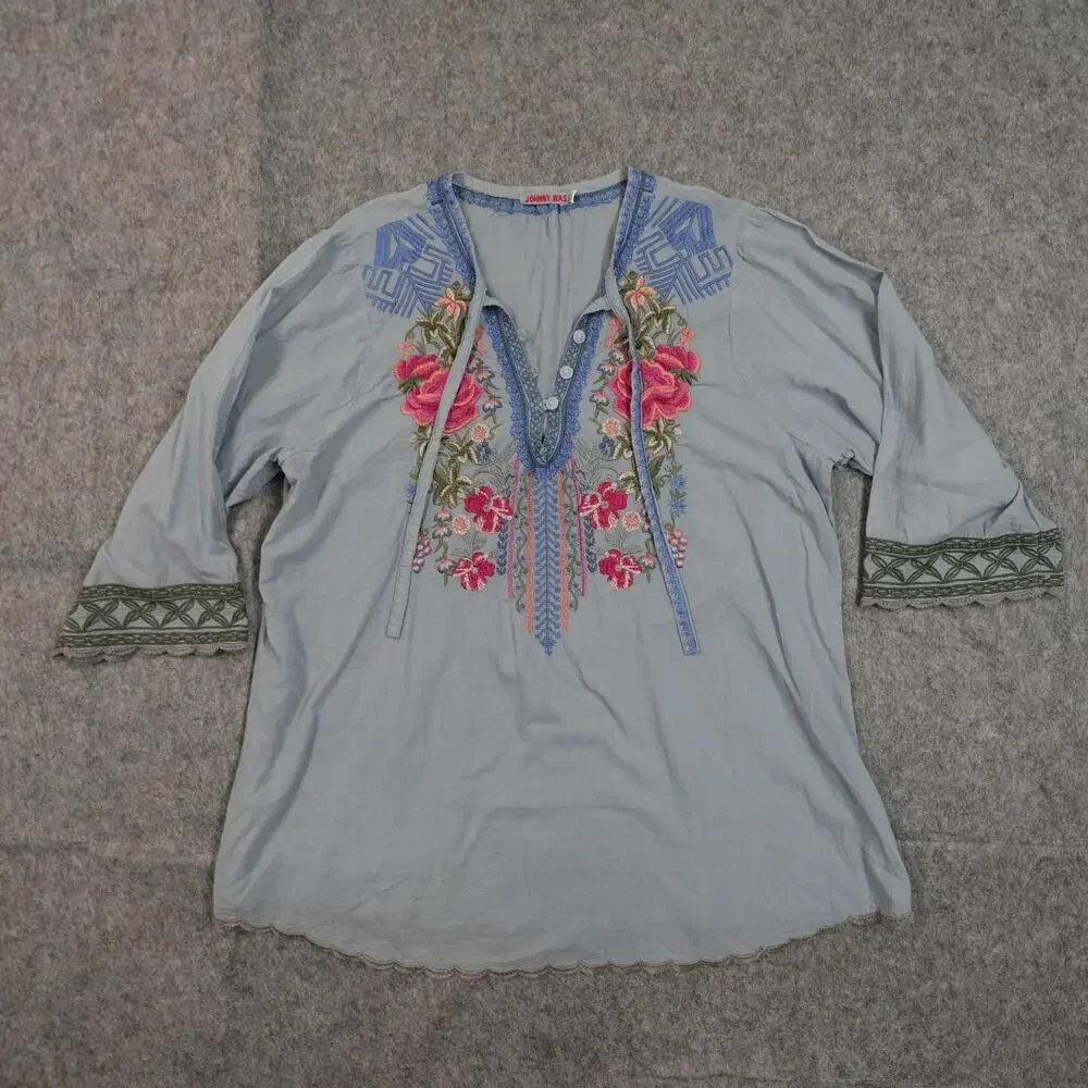 Johnny Was Top Womens Extra Large Embroidered Floral Boho Blue Floral 3/4 Sleeve